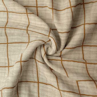 Tissu double gaze carreaux écru / cassonade