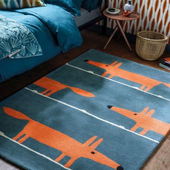 Tapis enfant fait à la main en laine MR FOX, bleu, orange
