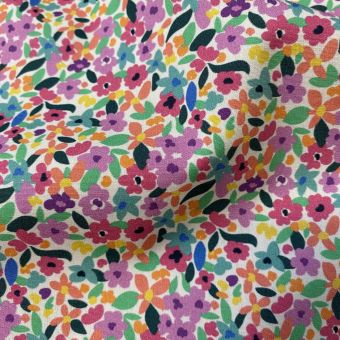 Tissu popeline coton fleur dessinée colorée multico