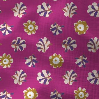 Tissu double gaze fleur façon block print violet