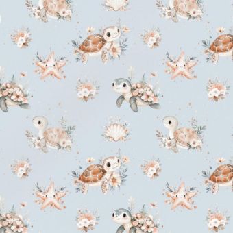 Tissu Impermeable Ocean Boho Tortue Bleu, coupon 1m x laize (155cm)