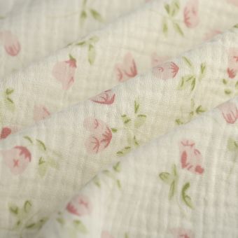 Tissu double gaze bouton fleur rose écru