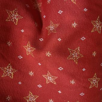 Tissu jacquard de Noël Divine flocons dorés fond rouge