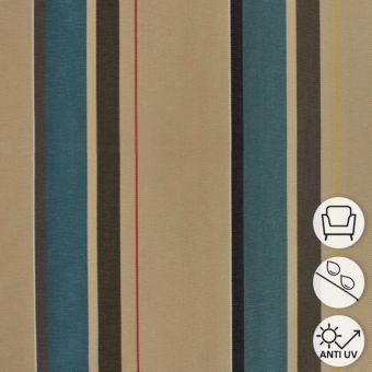 Tissu outdoor déperlant anti-uv beige rayé pétrole et noir 150 cm