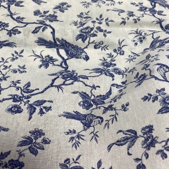 Tissu cretonne mésanges effet toile de jouy bleu