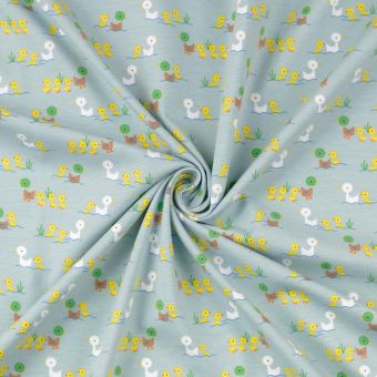 Maille jersey coton imprimée famille canard bleu