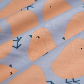 Tissu popeline coton poussins beige bleu