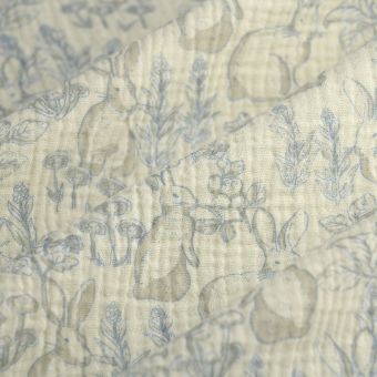 Tissu double gaze lapin champignon bleu écru