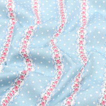 Tissu patchwork coton bleu ciel imprimé rayures fleuries 