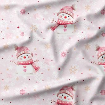 Tissu coton imprimé Bonhomme de Neige Rose – Certifié Oeko-Tex®
