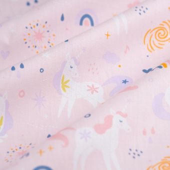 Tissu popeline coton rose licornes magiques 