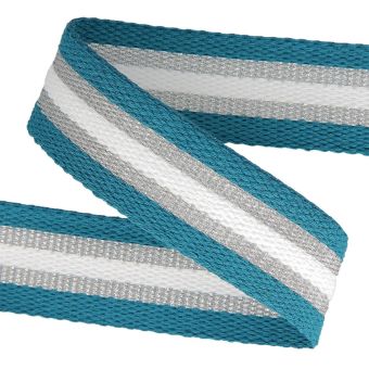 Sangle pour sac coton rayée métallisée bleu canard argent