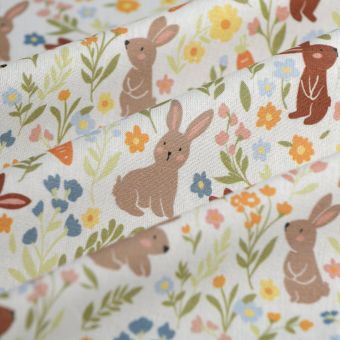 Tissu cretonne lapins de Pâques blanc 