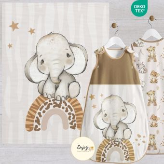 Panneau 100% Coton pour Couverture & Gigoteuse Bébé Animaux éléphant Baby Savane