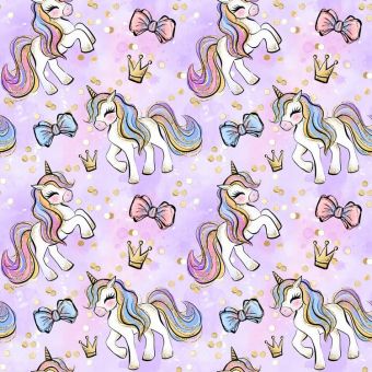 Tissu Softshell Licorne Couronne Rose, coupon 1m x laize (145cm)