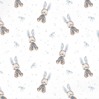 Tissu Minky lisse Lapin Noeud Papillon Bleu, coupon 1m x laize (150cm)