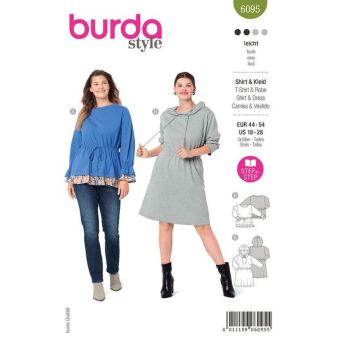 Patron Burda 6095 - t-shirt/robe, coulisse élastiquée à la taille
