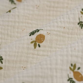 Tissu double gaze citrons feuille écru