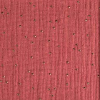 Tissu Double gaze pois doré rose corail