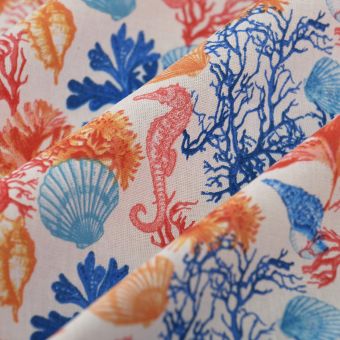 Tissu cretonne imprimé vie sous marine bleu
