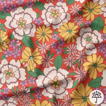 Tissu imperméable jardin pivoine fond rouge