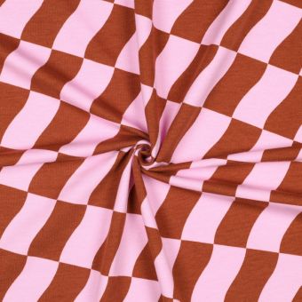 Tissu molleton sweat imprimé damier marron et rose - Poppy Fabrics