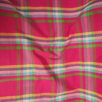 Tissu coton madras rose motifs carreaux multico - Origine Inde