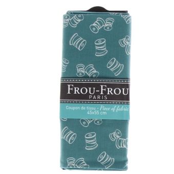 Coupon tissu 100% coton motif bobines de ruban 45x55cm bleu turquoise