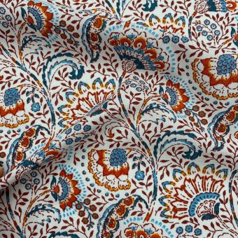 Tissu cretonne imprimé fleurs indiennes bleu