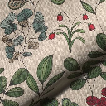 Tissu bachette linenlook écru dessin feuillages fleuris