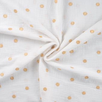 Tissu double gaze brodé doré pois écru