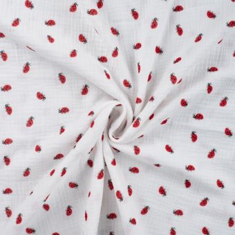 Tissu double gaze imprimé coccinelle blanc