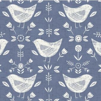Tissu coton épais bachette oiseaux et fleurs Bleu gris - Qualité Siège
