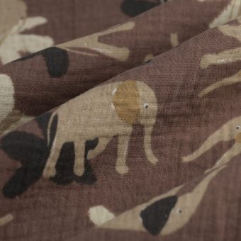 Tissu double gaze éléphant floral brun