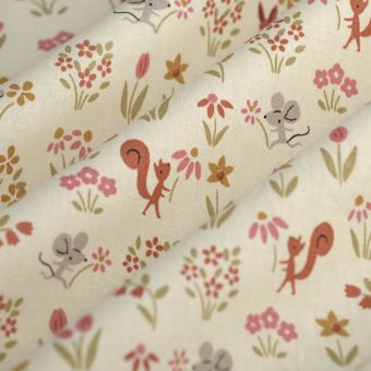 Tissu cretonne écureuil souris rose 