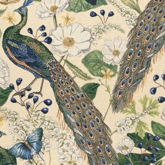 Tissu Jacquard Gobelin écru motifs paons et fleurs