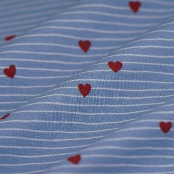 Tissu jersey de coton lignes coeur bleu