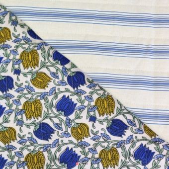 Tissu matelassé imprimé fleurs entrelacés verso rayures Suzy bleu
