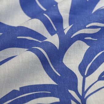 Tissu toile lin grande feuille bleu blanc