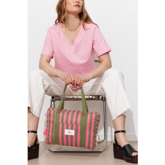 Kit couture Blanche pochette imprimé rayures vert olive et rose - Promod Couture