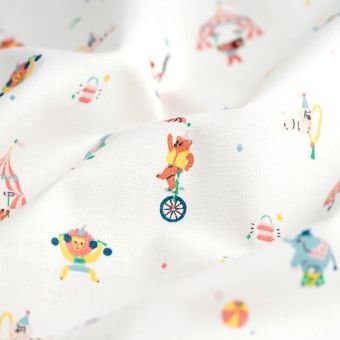 Tissu cretonne coton bio cirque des animaux écru