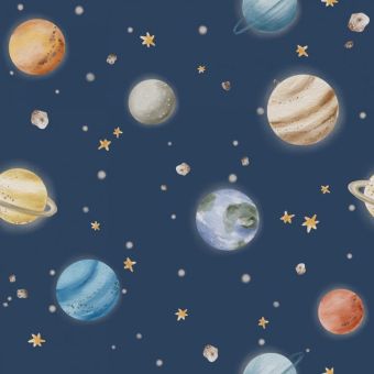 Tissu Coton Espace Planètes Étoiles Bleu, coupon 1m x laize (155cm)