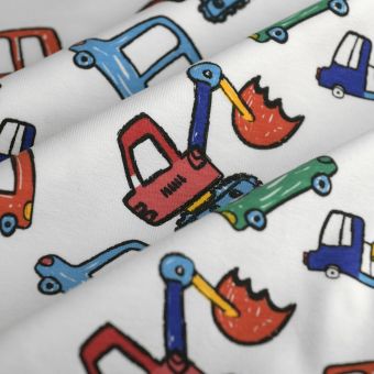 Tissu jersey coton extensible voiture engin chantier multicolore écru
