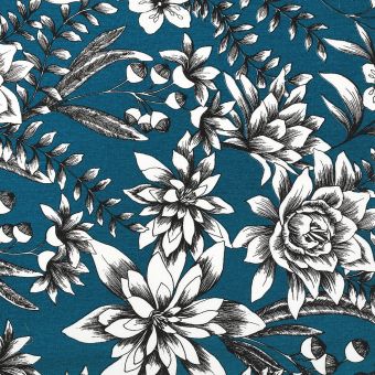 Tissu sergé bleu à grosses fleurs