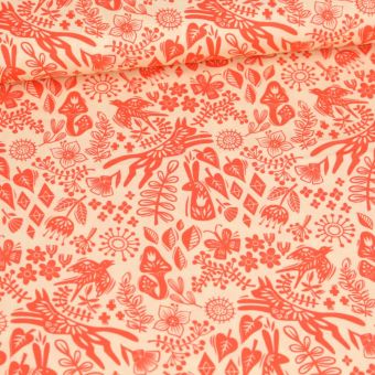 Tissu satin de coton organique imprimé balade en forêt orangé et écru - Albstoffe
