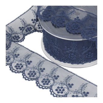 Tulle brodé fleurs 52mm bleu marine au mètre