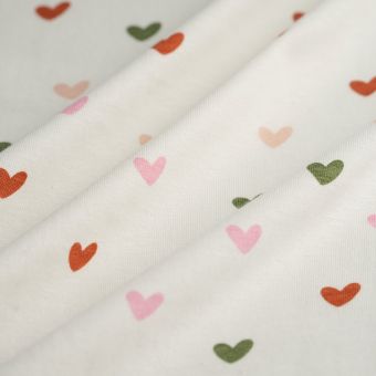 Tissu jersey coton coeur rose vert écru