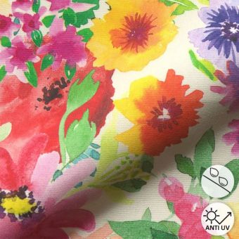 Toile outdoor dralon déperlante écrue fleurs multicolores aquarellées
