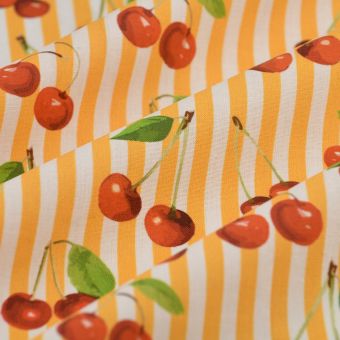 Tissu cretonne rayure cerise jaune