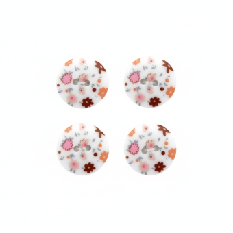 Carte de 4 boutons 2 trous 14 mm multi fleurs blanc et rose